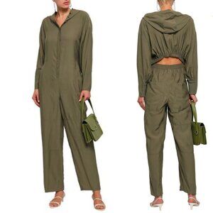 Tibi Hooded Jumpsuit Long Sleeves Button Up Back Cut-out Sz XS Army Green